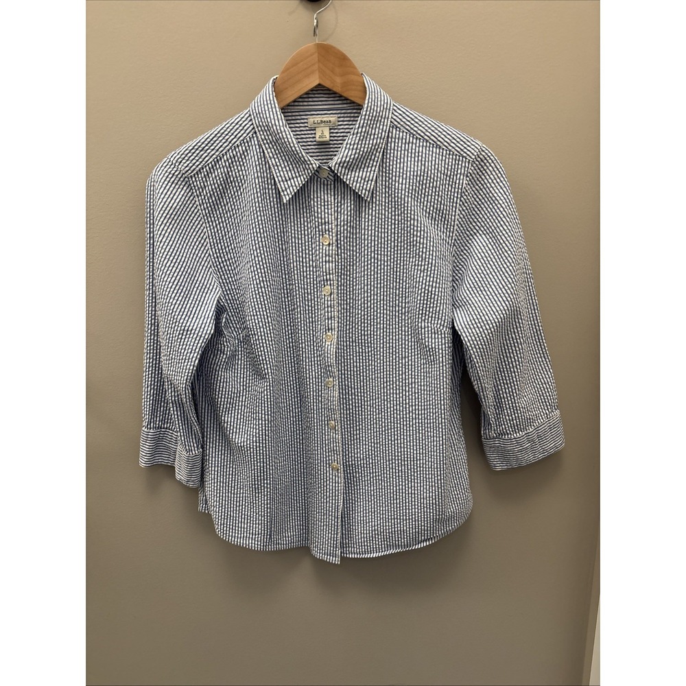 L.L. Bean Button Up Striped Seersucker Women's Size S Blue White 3/4 Sleeve